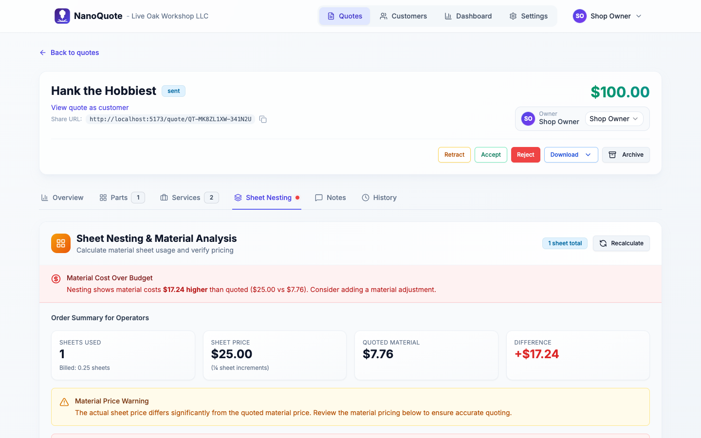 Sheet nesting preview with utilization and sheet count breakdown