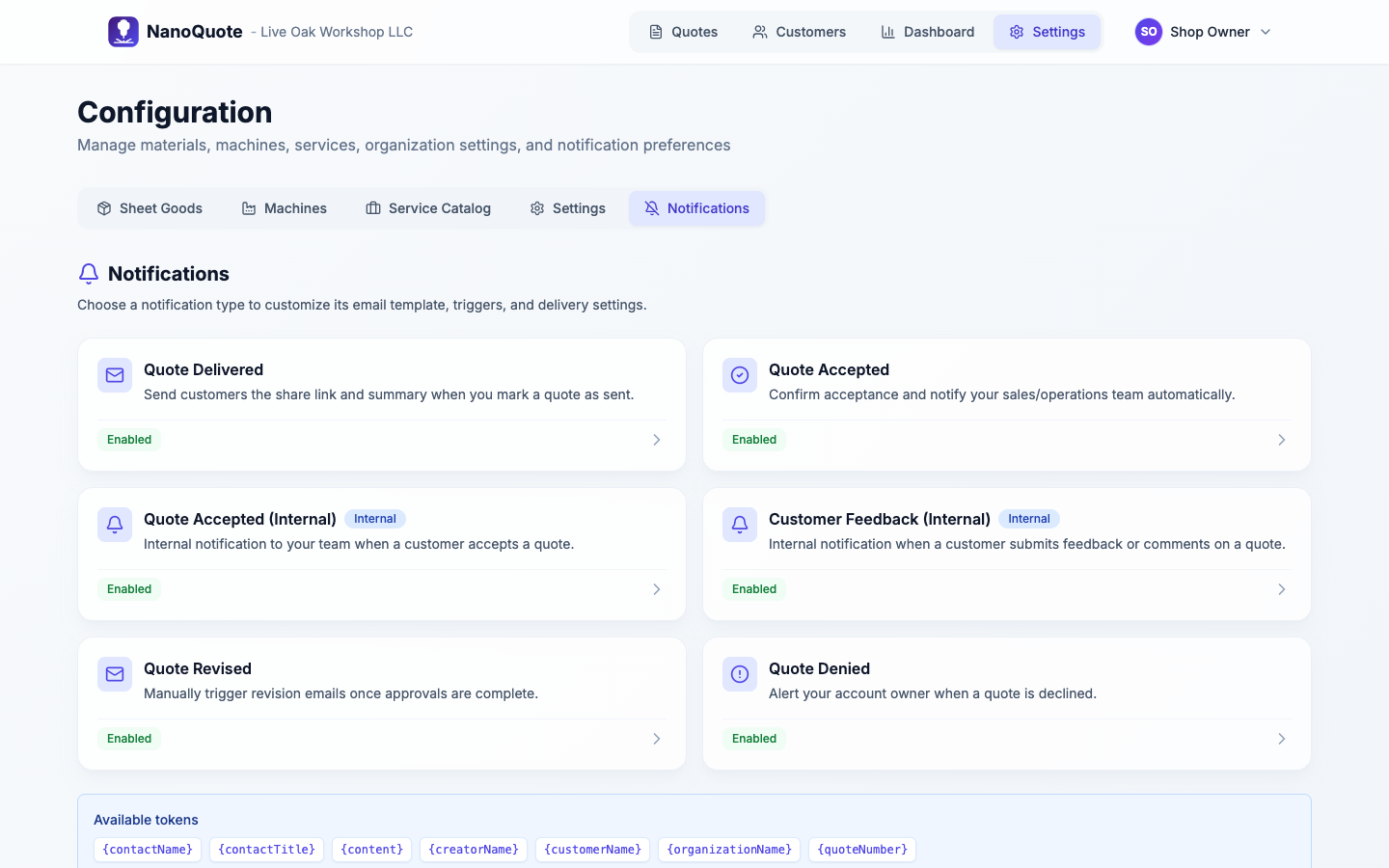 Notifications config