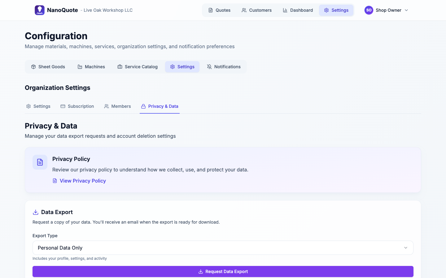 Privacy & Data settings