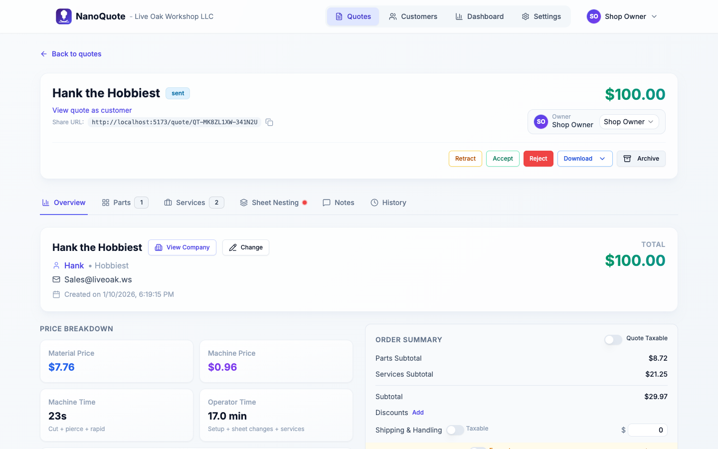 Quote detail view showing totals, parts, services, and status