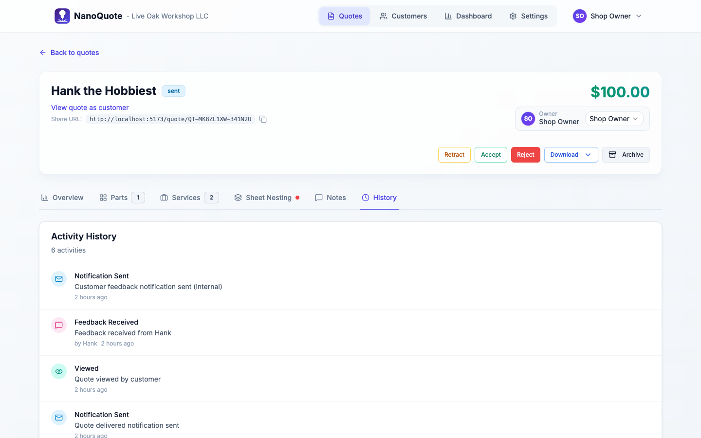 Quote history timeline with status changes and updates