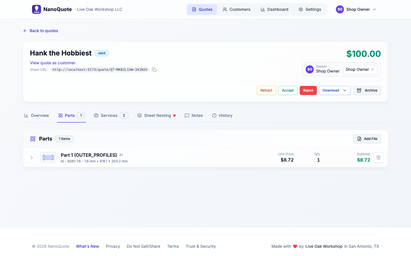 Parts tab showing plasma-cut line items