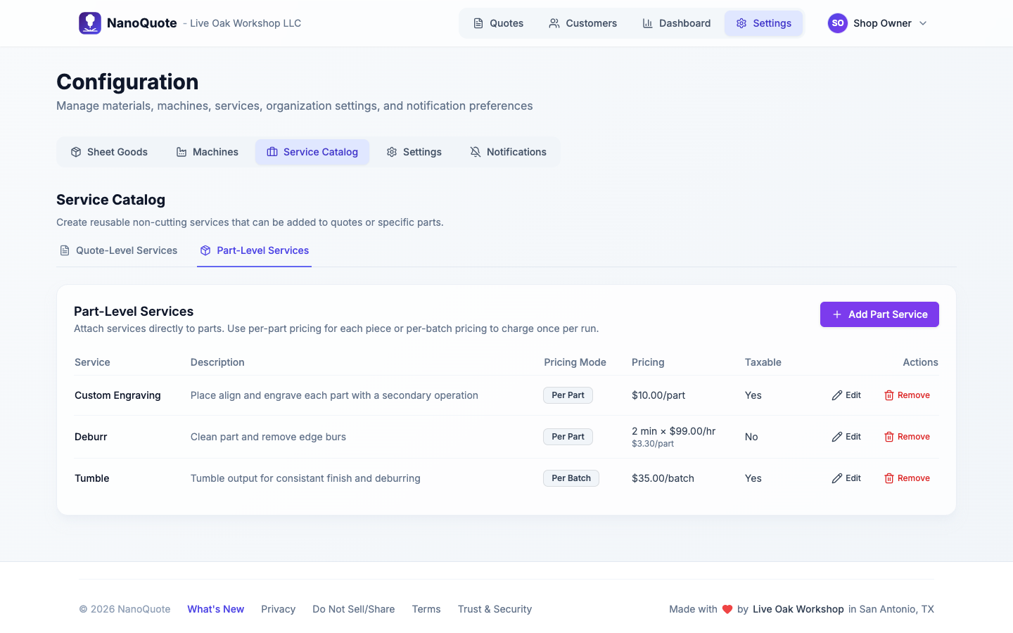 Service catalog UI showing pricing options and batch calculations