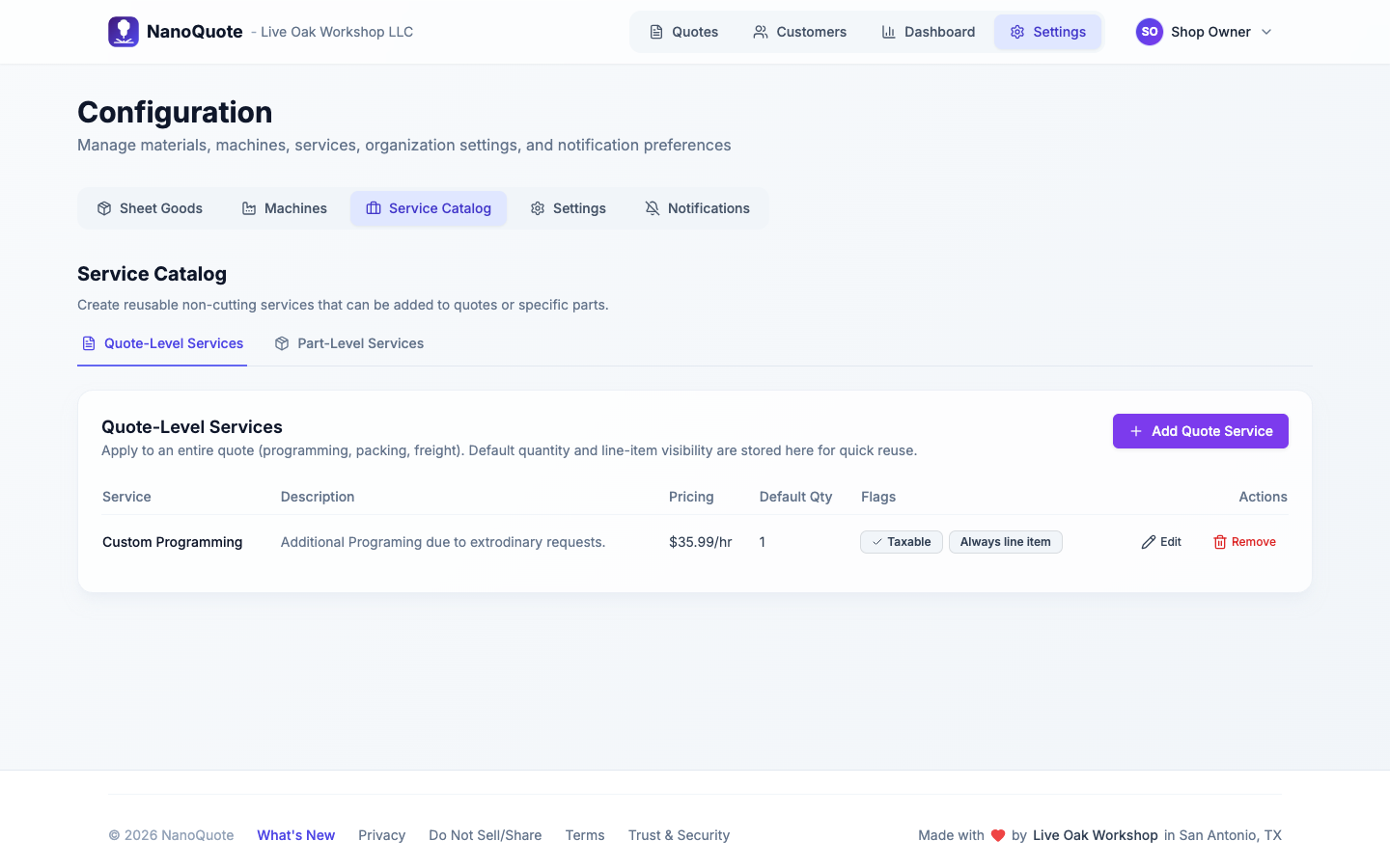 Service catalog configuration showing quote-level services