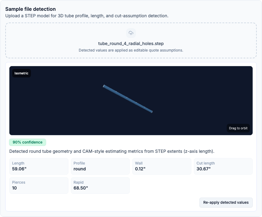 STEP tube detection with isometric preview and pierce count metrics