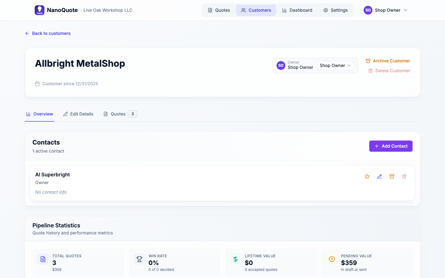 Customer detail view with contact info and quote history