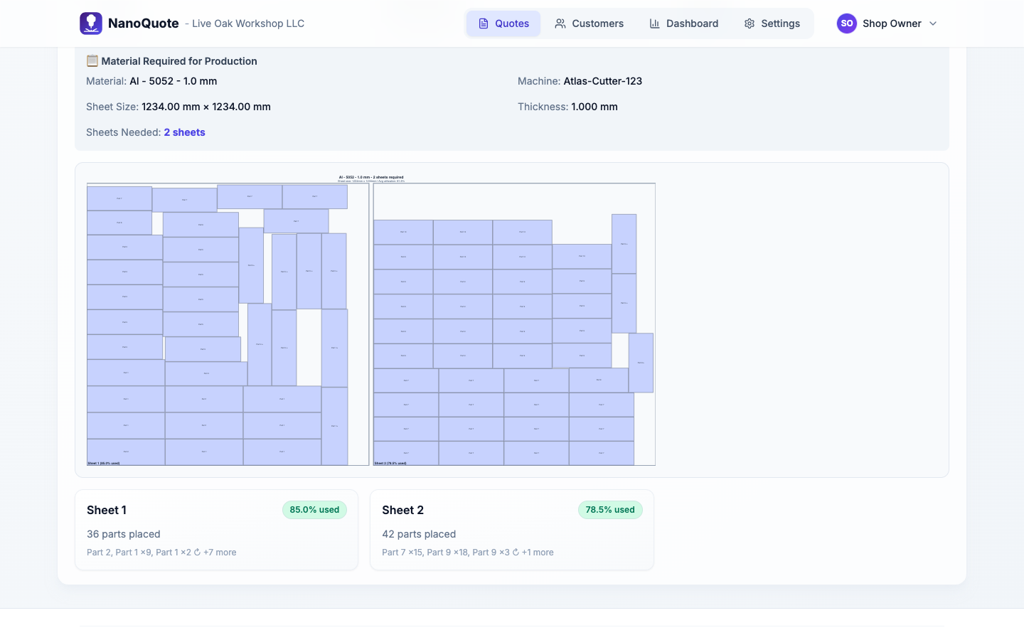Nesting preview showing parts on sheets with billable sheet count