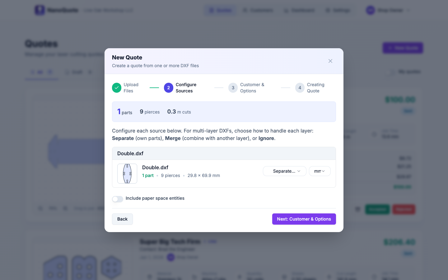 DXF file with layers and geometry extraction preview