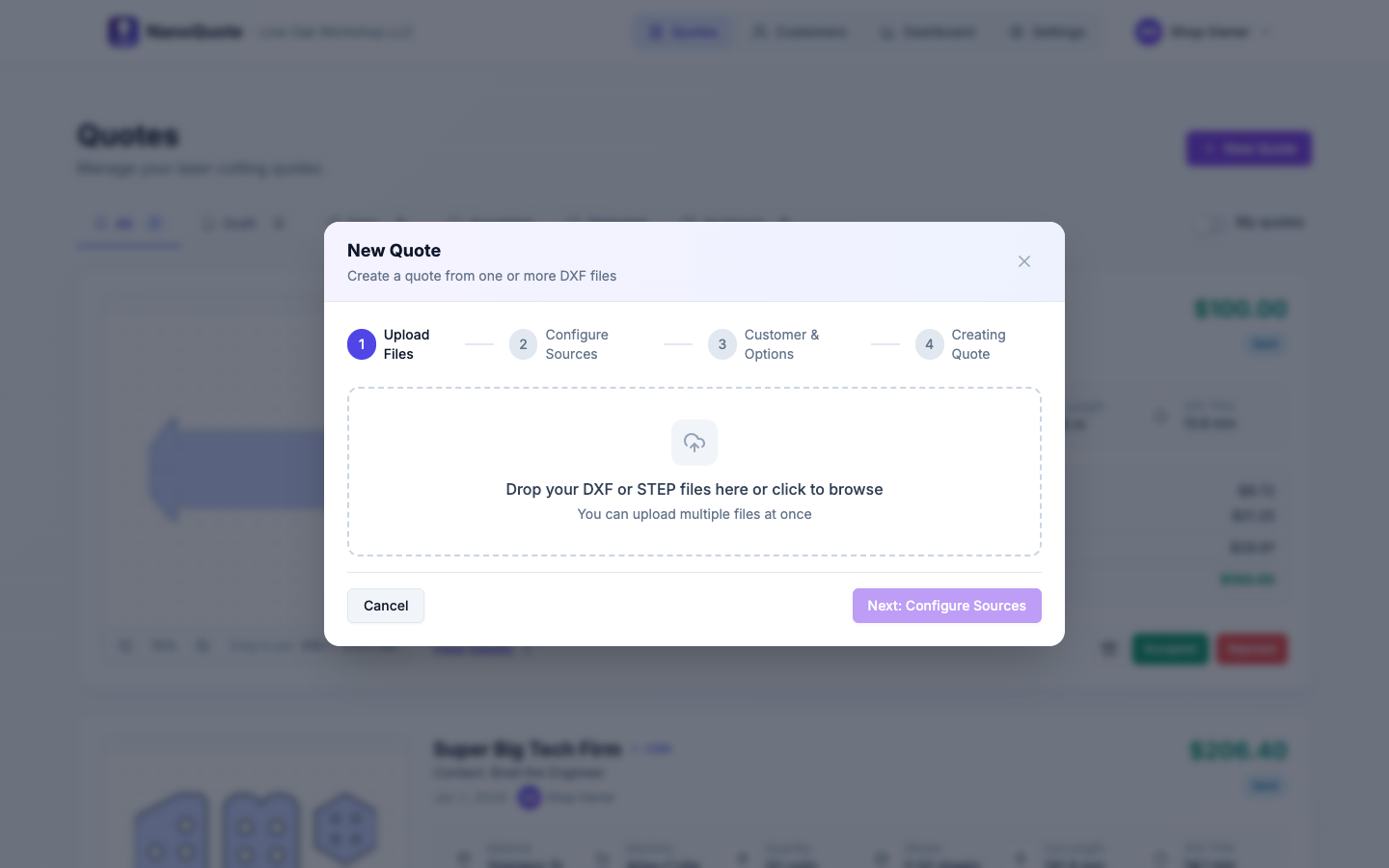 Quote builder with CAD file upload and line item configuration