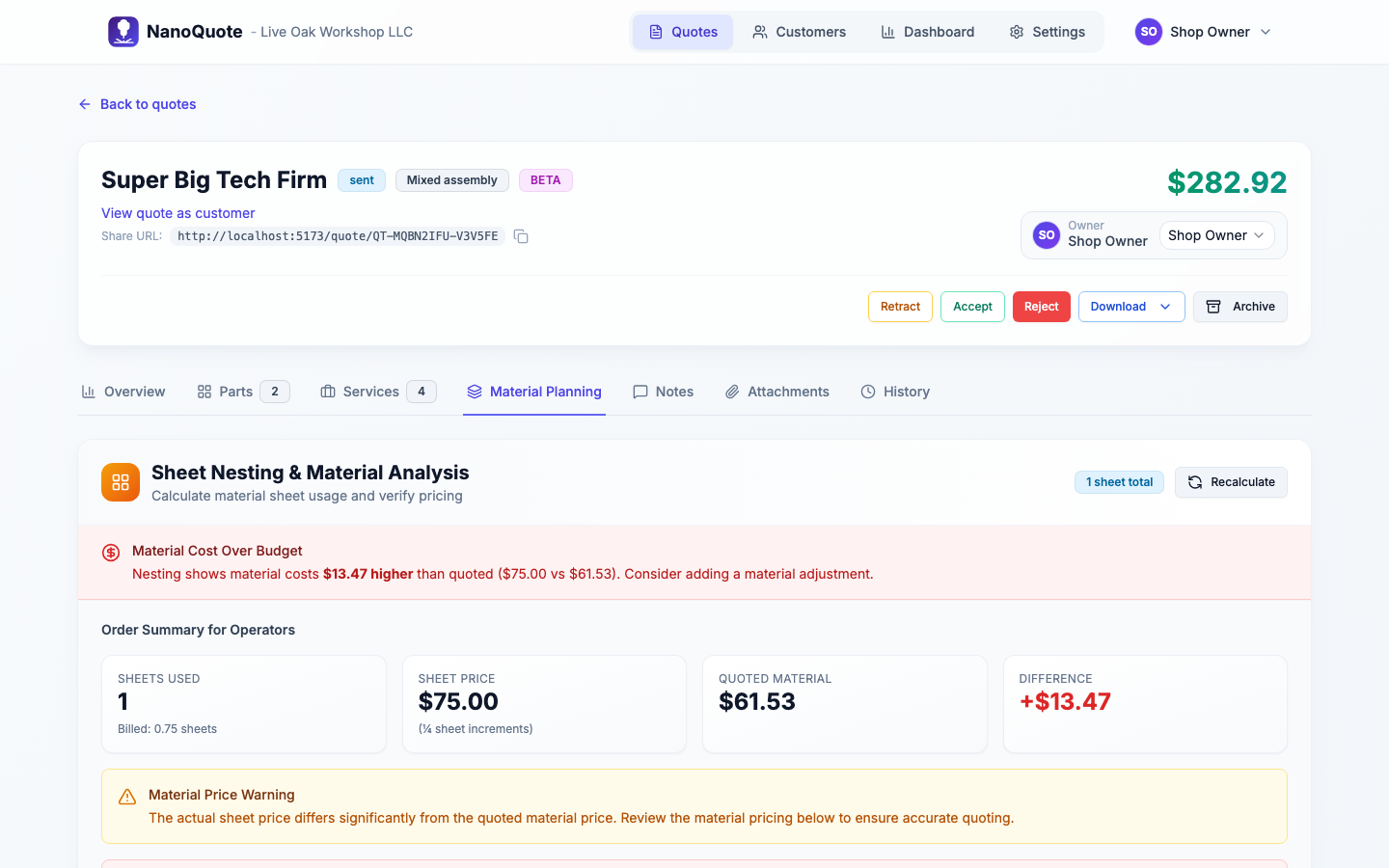 Tube allocation preview showing billable sticks, utilization, and drop estimates