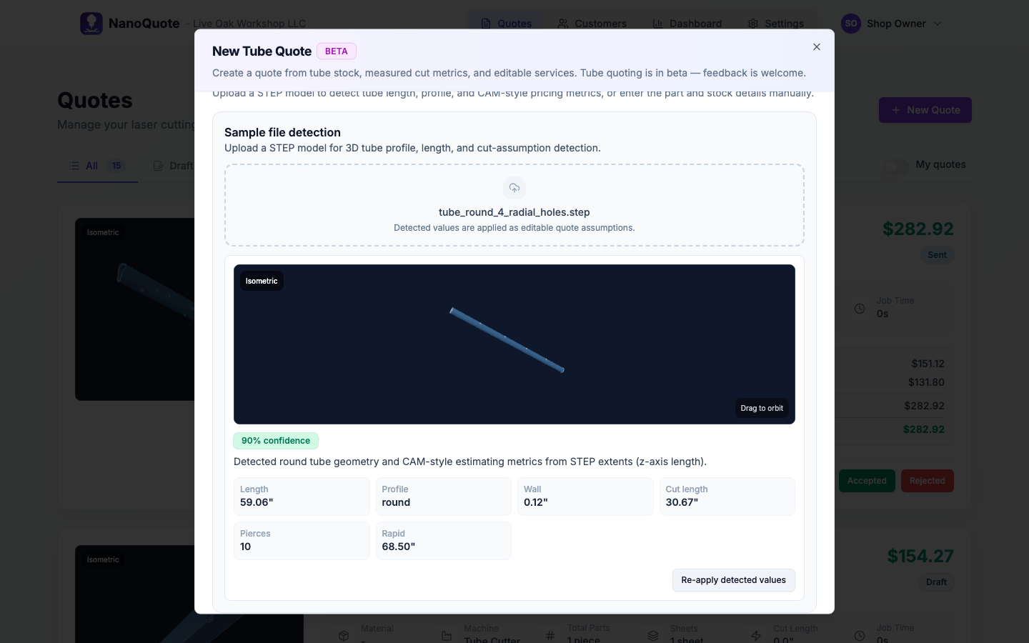 New tube quote wizard with STEP upload, tube stock selection, and cut metrics